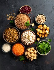 Assorted bowls of legumes, grains, tofu, and greens, top-down view