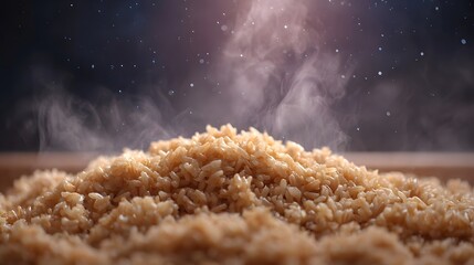 Steaming brown rice with a fluffy texture illuminated by soft light and atmospheric particles