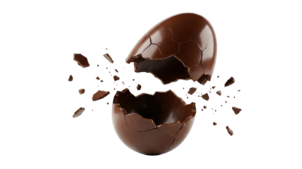 Cracked chocolate egg with pieces scattered around it creating an enticing dessert scene on white and transparent