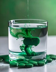Green tablets dissolving in water-filled glass with a vibrant splash