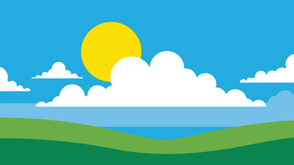 Fototapeta premium Sunny Day Landscape with Green Hills, Blue Sky, and White Clouds