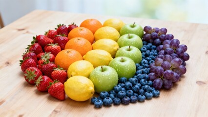 Vibrant fresh strawberries, oranges, lemons, green apples, blueberries, and grapes organized in a perfect spectrum arc on light wood.