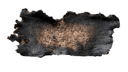 Charred wood fragment with uneven edges, blackened and lighter burnt textures