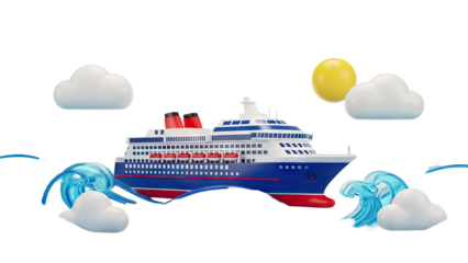 Cruise Ship Sailing on Waves with Clouds and Sun