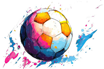 Vibrant soccer ball explodes with colorful paint splashes on black