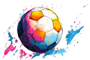 Vibrant soccer ball explodes with colorful paint splashes on black