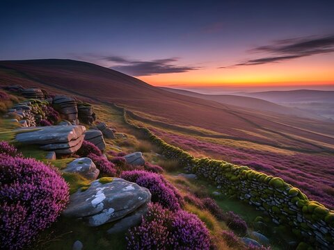 Serene landscape of rolling hills and vibrant wildflowers at sunset - Powered by Adobe