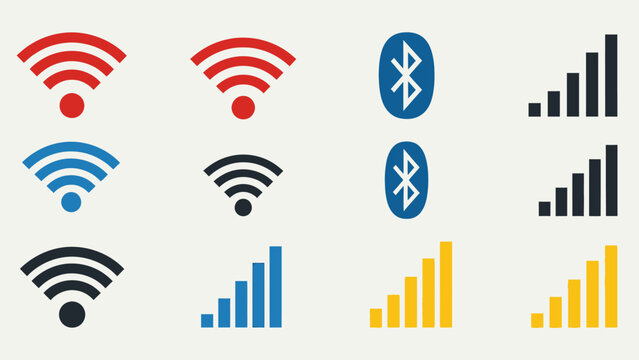 Wireless Signal Icons: WiFi, Bluetooth, and Signal Strength Indicators