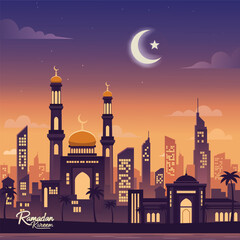 Cinematic flat vector illustration of a modern Ramadan city skyline at sunset transitioning to night, featuring mosque minarets, glowing windows, and a rising crescent moon.