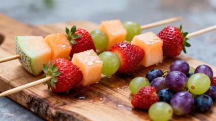 Brightly colored skewers featuring fresh strawberries, cantaloupe melon chunks, and green grapes presented on a rustic wooden cutting board.