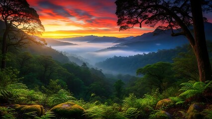 Vibrant sunset over a misty mountain range with lush greenery and trees in the foreground creating a serene landscape