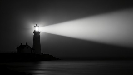 Minimalist Black and White Lighthouse with Dramatic Light Beam Cutting Through Dark Sea Fog