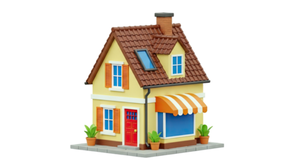 Cartoon yellow house with red door and orange shutters