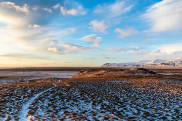 Outdoor shot highlighting the stunning Iclandic scenery on a frosty winter afternoon along Iceland's highway one.