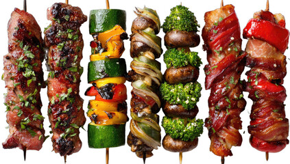 Six grilled skewers of meat, vegetables, and bacon