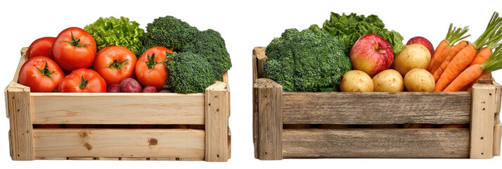 Two wooden crates overflowing with fresh, colorful produce