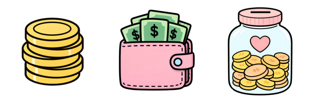 Money finance savings budget wallet coins cash jar pink cute icons convey cheerful money management with simple colorful style for planning