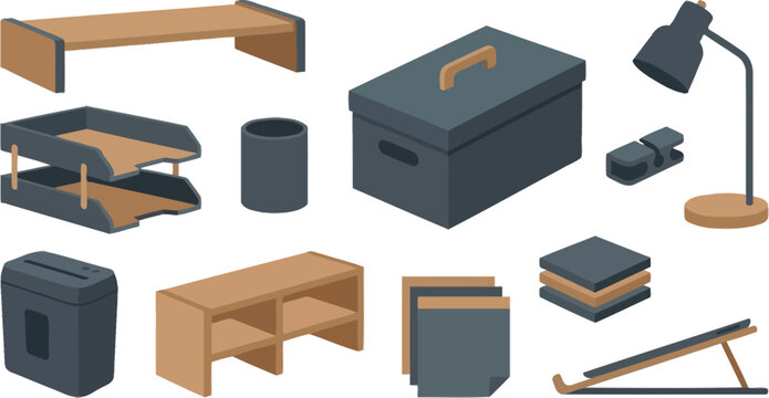 Home office workspace organization tools flat vector pack with monitor riser document tray pen pot filing box desk lamp cable clip paper shredder shelf unit sticky notes and laptop stand in slate - Powered by Adobe