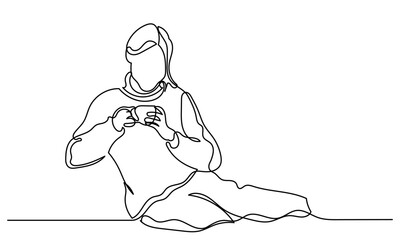 Continuous line Minimalist one-line drawing of a girl sitting, enjoying a cup of coffee or tea. The elegant, continuous line captures a peaceful moment of relaxation.girl drinking tea vector.