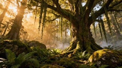 Massive ancient tree trunk covered in green moss stands in a mysterious misty rainforest with glowing golden sun rays breaking through.