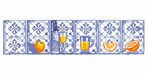 Stylized illustration of citrus fruits and drinks on decorative blue tiles © Ajay