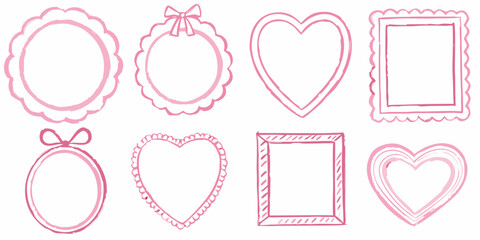 Collection of pink hand drawn photo frames and hearts