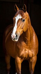 Fototapeta premium Auburn horse with a white blaze stands in a dark stall, looking to the side