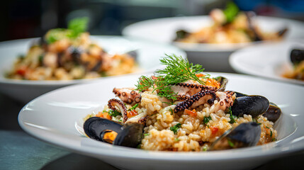 Gourmet Seafood Risotto with Octopus Mussels and Herbs in White Plate.