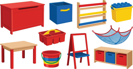 Playroom toy organization elements flat vector pack with wooden toy chest fabric cube bin wall book ledge building block bin craft caddy mesh toy net child table storage bucket art easel and shelf 