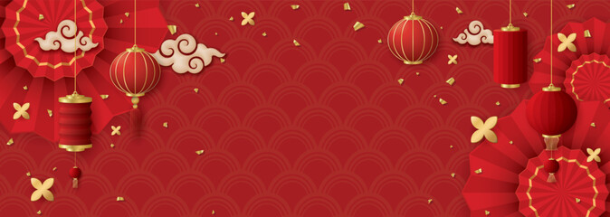 3d various paper lanterns asian style with circle bows, clouds and golden confetti on red background have blank space. © Wasitt