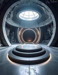 Circular, futuristic chamber with natural rock formations and a bright skylight