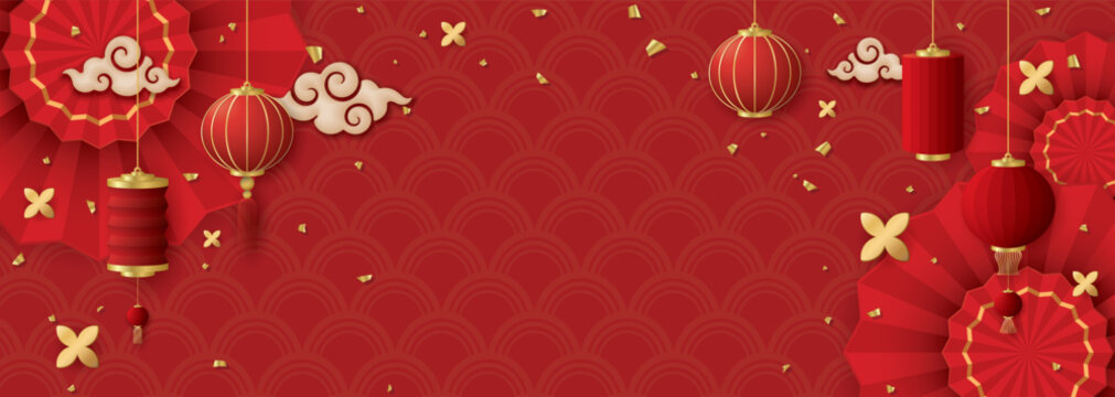 3d various paper lanterns asian style with circle bows, clouds and golden confetti on red background have blank space.