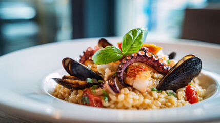 Italian Seafood Risotto with Octopus Mussels and Fresh Basil Garnish.