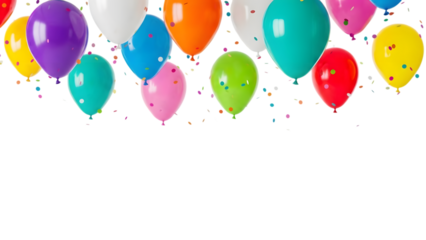 Vibrant colorful balloons isolated on transparent background with confetti