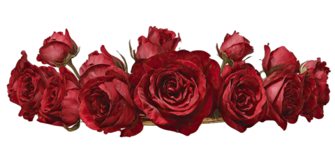 A band of rich red roses, some in full bloom, others buds
