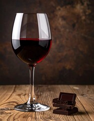 Elegant wine glass with red liquid and dark chocolate on wooden surface