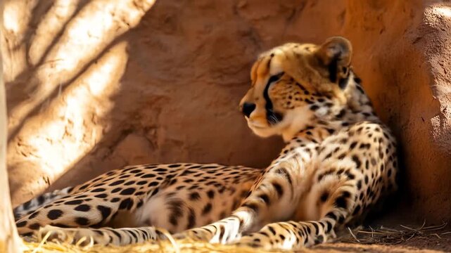 Resting cheetah with spotted coat in sunlight against natural rock formation