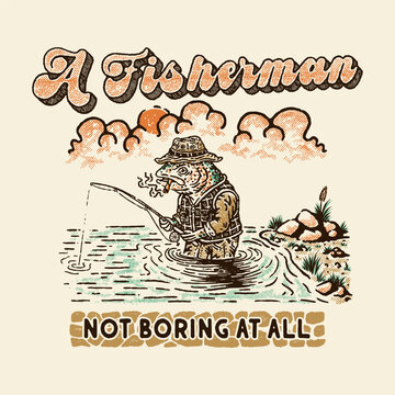 fisherman illustration fishing graphic lake design mascot badge trout vintage