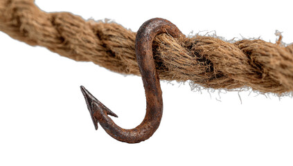 Rusty metal hook pierces thick, fibrous natural rope
