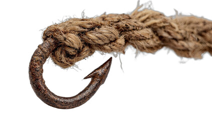 Rough, weathered rope is securely tied to a rusty, barbed fishing hook