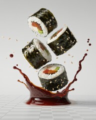  Several sushi rolls filled with salmon and avocado tumble through the air. A splash of dark soy sauce erupts beneath them, capturing a moment of dynamic action. 