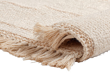 Close-up texture of rolled beige woven rug with fringed edges