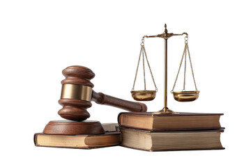 Symbol of justice gavel, scales, and legal books against a black background