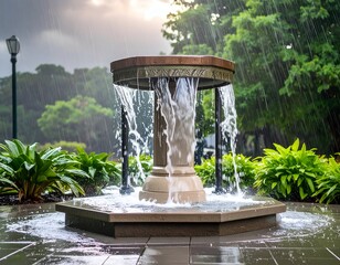 Water cascades from an ornate fountain in a rainy, green park