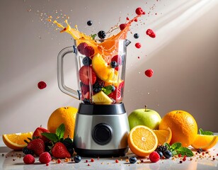 Fruit-filled blender explodes into vibrant juice, healthy eating concept