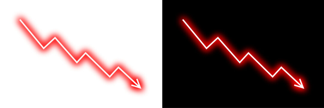 Falling down line arrow graph with red neon glow effect business loss concept, stock market investment downward direction, financial loss, stock market crash, decrease trading. Vector illustration.
