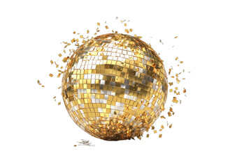 A shimmering gold disco ball explodes into glittery fragments against a dark background