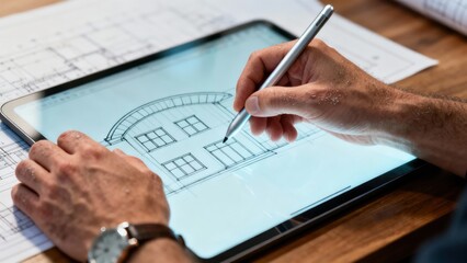 Architect drawing contemporary building design using a silver stylus pen on an illuminated digital tablet resting on architectural blueprints.