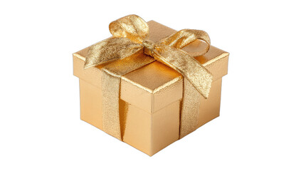 A golden, shimmering gift box with a satin ribbon tied in a bow