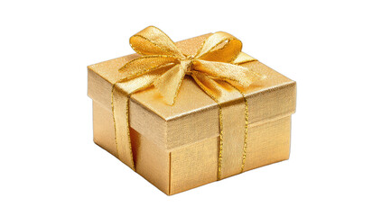 Elegant golden gift box with a satin ribbon and bow on a transparent background